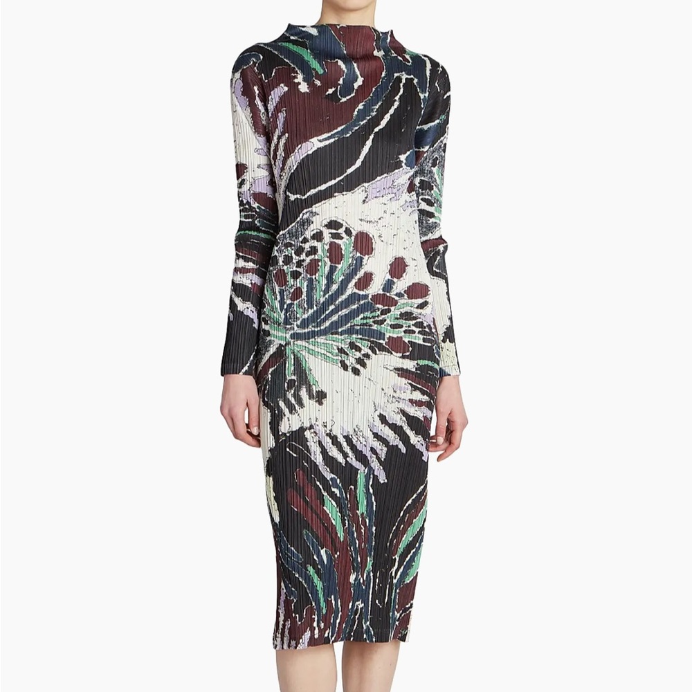 Pleats Please Issey Miyake Frosty Forest pleated midi dress, made in Japan